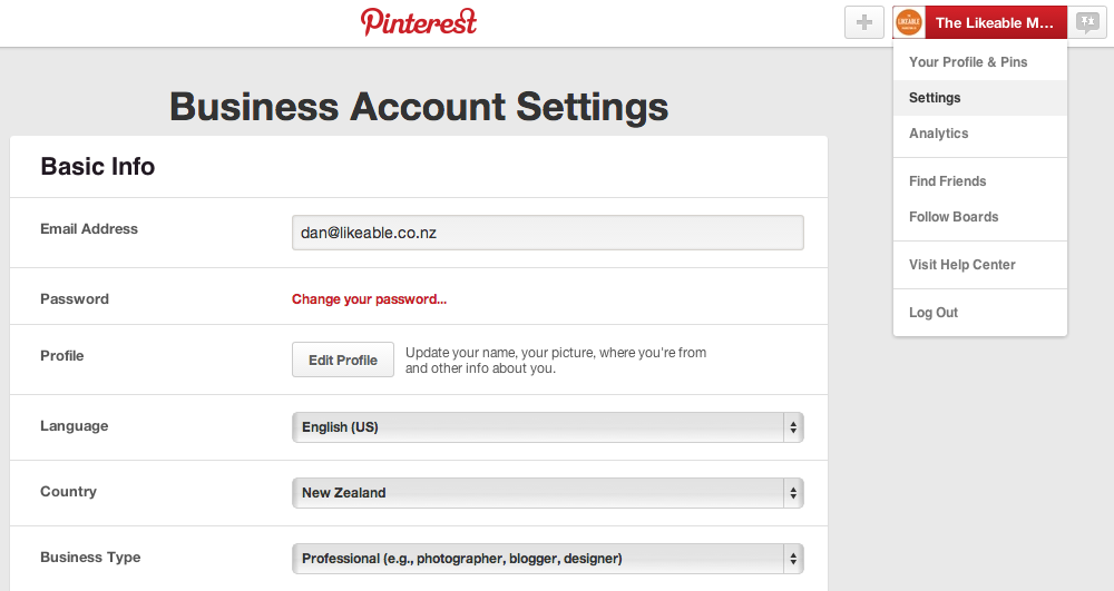 Pinterest Business Account Settings